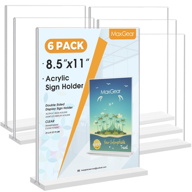 MaxGear Acrylic Sign Holder 8.5x11 6 Pack, Double Sided Clear Table Signs Stand, Vertical Flyer Holder, Plastic Sign Frame Display for Picture, Stores, Restaurants, Hotels, Office T Shape - Image 1
